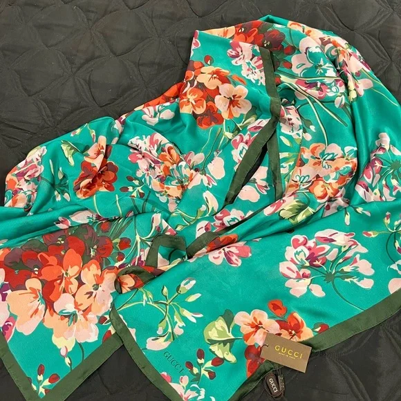 Gucci Floral Scarf in Teal and Green - Picture 1 of 7